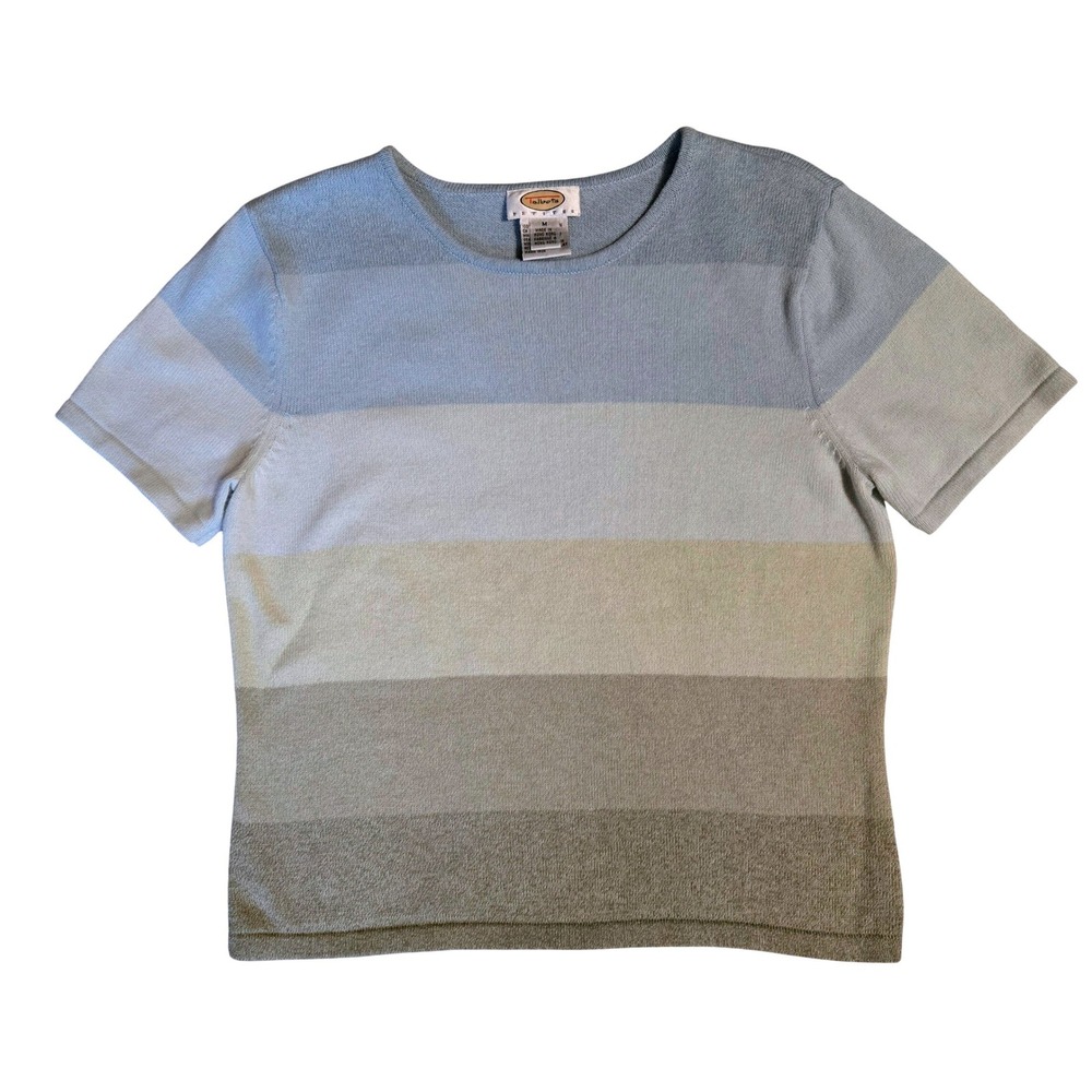 Talbots Petites Blue Tan Green Striped Short Sleeve‎ Cotton Knit Sweater Size M
